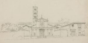 A sketch of a church with a bell tower and surrounding buildings.