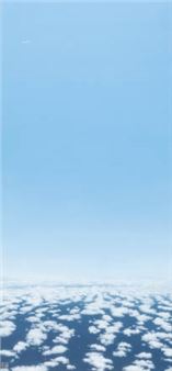 "A minimalist composition of a vast blue sky meeting a scattered field of white clouds."