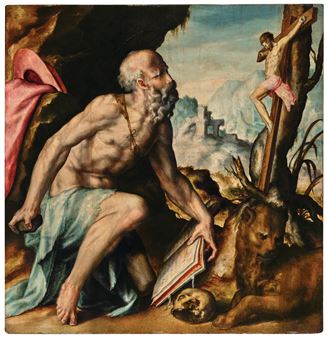 A classical painting depicting a bearded figure in a cave with a lion, skull, and book, gazing toward a crucifixion scene.
