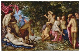 A classical mythological scene depicting a group of nude figures in a forest setting.