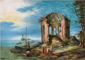 A serene coastal landscape featuring a ruined stone structure, boats at the water's edge, and figures in the foreground.