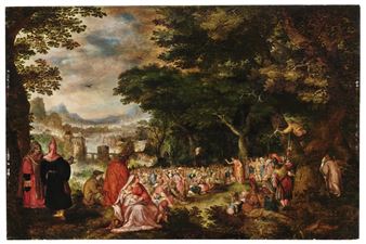 A crowded outdoor gathering in a forest clearing with figures in period clothing and distant cityscape.