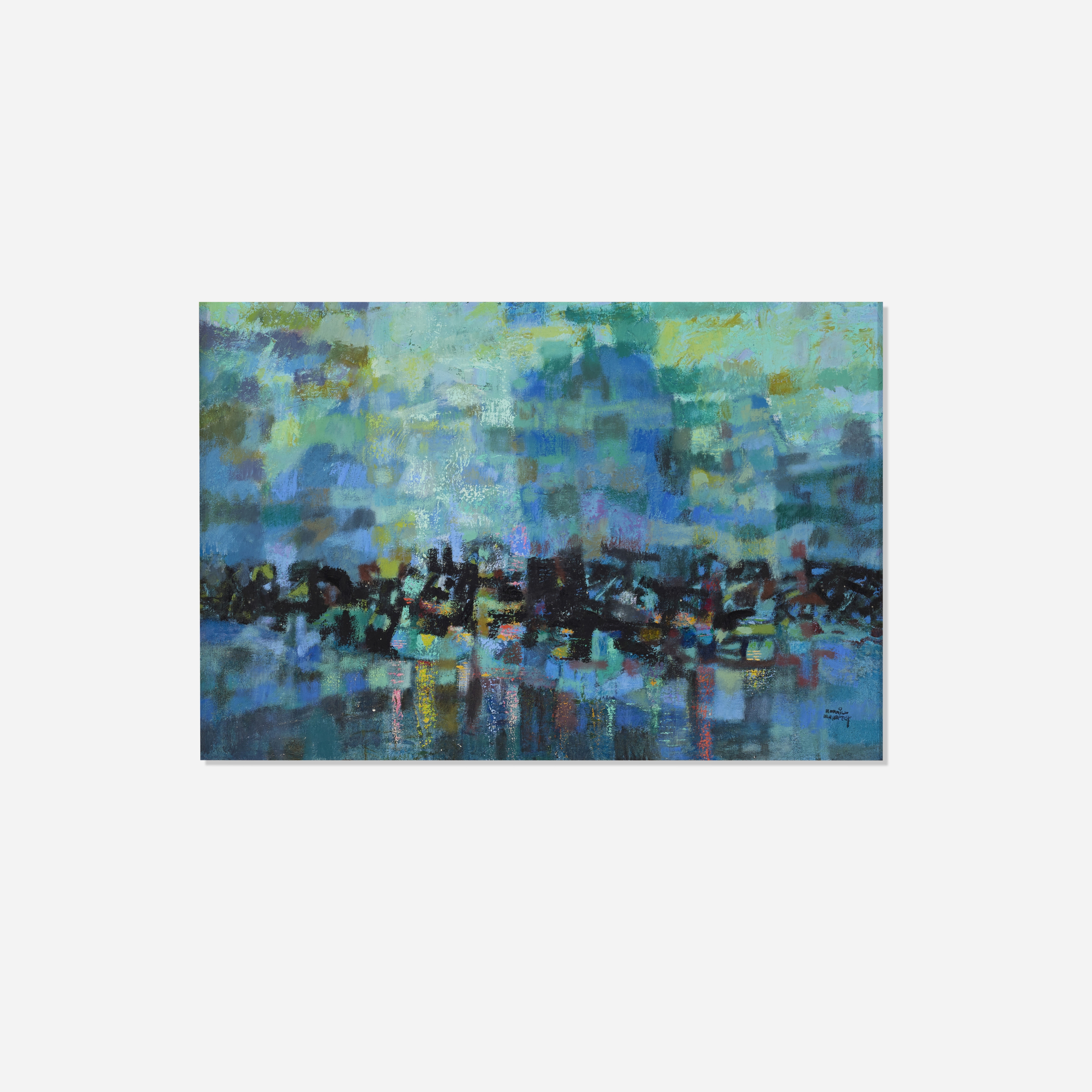 An abstract painting of a city skyline reflected in water.