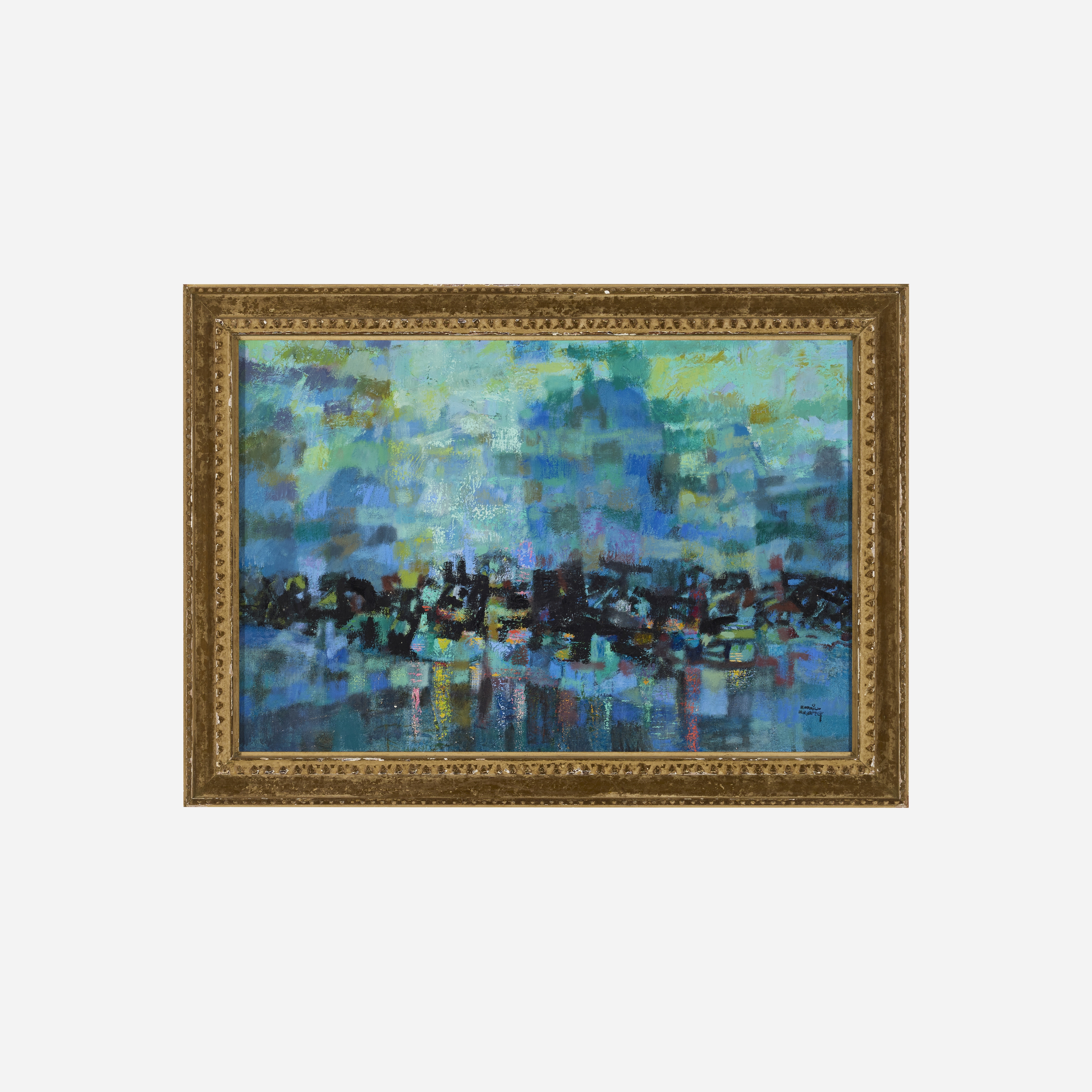 An abstract painting of a city skyline reflected in water.