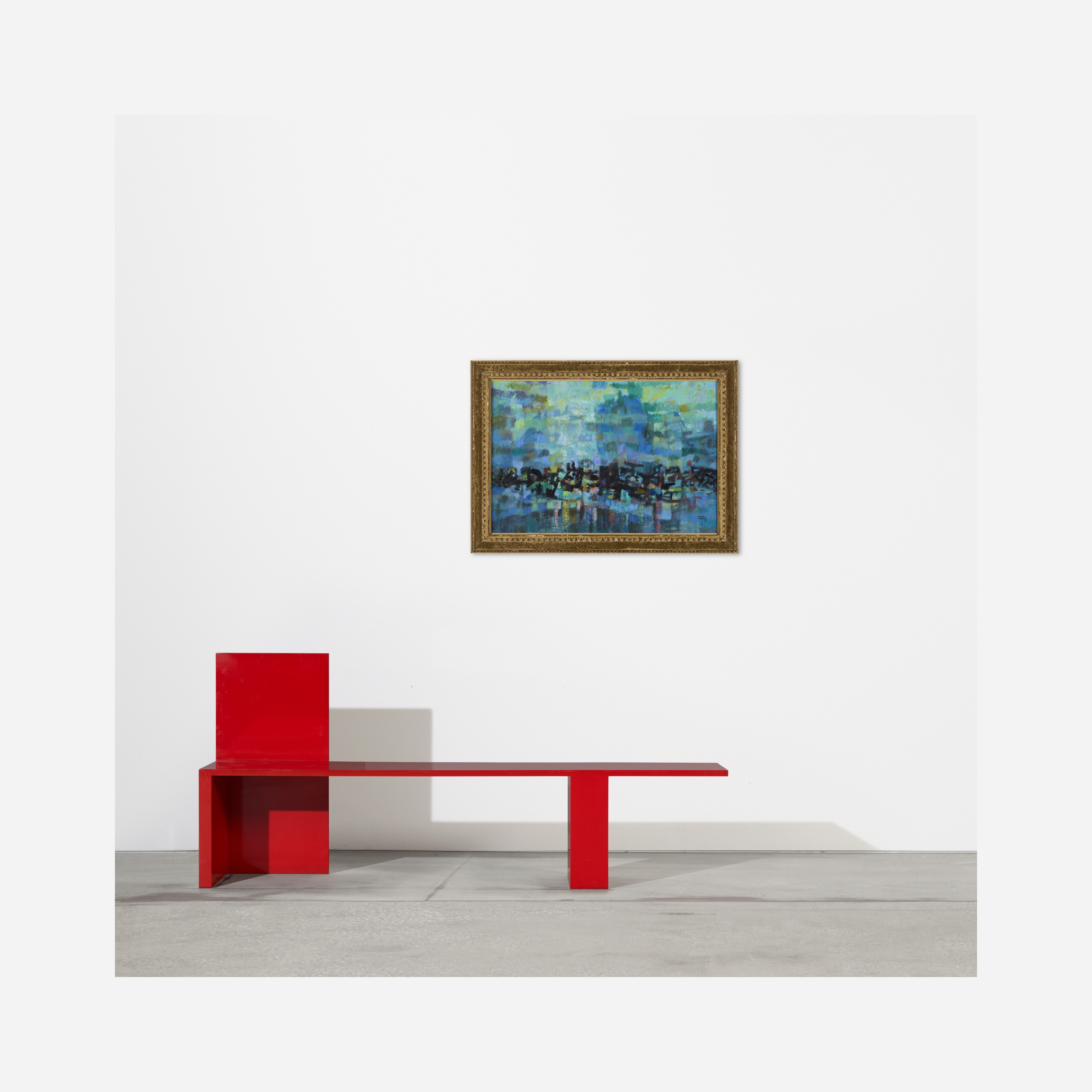 An abstract painting of a city skyline reflected in water.