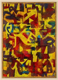 A vibrant abstract composition featuring bold geometric shapes and a dynamic color palette.