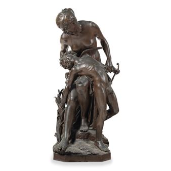 A bronze sculpture depicting a dramatic scene of two figures in an intense struggle.