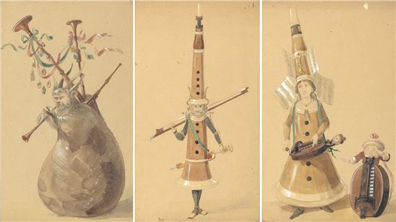 Eastern European School, 19th Century | Instrument Caricatures : Three ...
