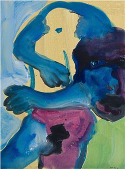 A vibrant abstract painting of a figure in blue and pink against a yellow background.