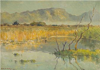 A serene landscape painting featuring a calm water body, dry grasses, and distant mountains under soft light.