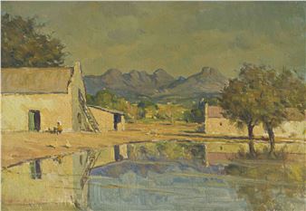 A rustic landscape painting featuring a small building, mountains, and a reflective pool.