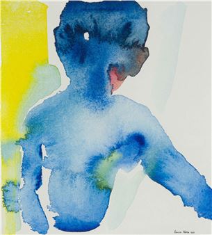 A watercolor study of a figure in blue against a yellow background.