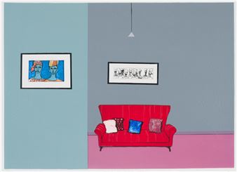 A split-panel interior scene featuring a red sofa and two framed artworks.