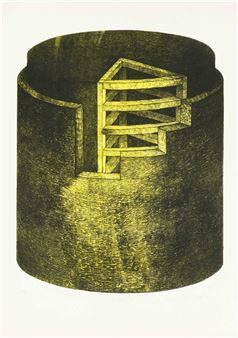 A geometric print of a spiral staircase emerging from a dark cylindrical form.