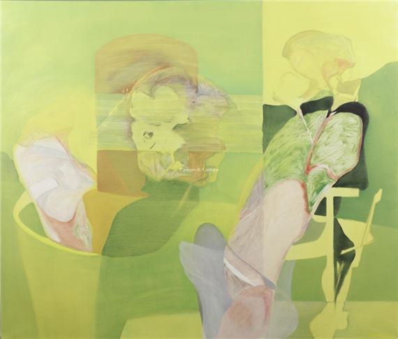 A layered, abstract composition featuring two figures in a green and yellow palette.