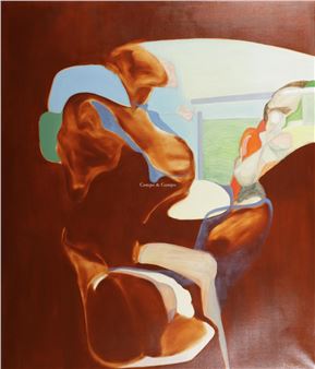 An abstract painting featuring a brown figure in a chair against a dark background.