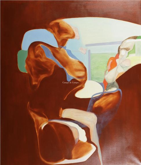 An abstract painting featuring a brown figure in a chair against a dark background.
