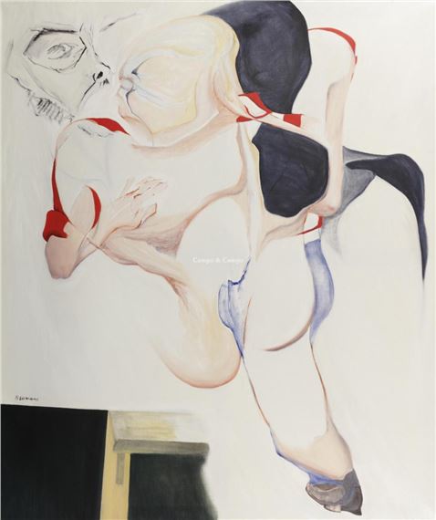 A surreal painting of a nude figure in a dynamic pose, blending sketchy and painterly styles.