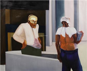 A painting of two figures in a stylized interior scene with bold colors and expressive brushwork.
