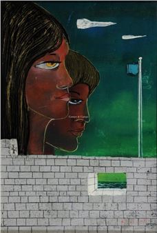 A portrait of two figures in profile against a brick wall and green background.