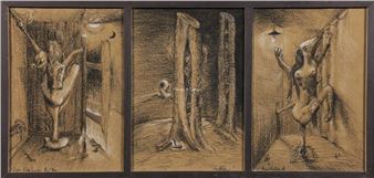 A triptych of charcoal drawings depicting nude figures in dimly lit, architectural interiors.