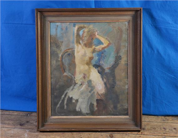 A painting of a woman in a white dress on a blue background.