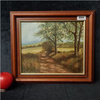 "A framed landscape painting of a rural path winding through trees toward distant hills."