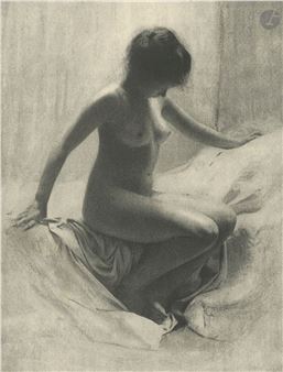A monochromatic charcoal drawing of a nude figure seated on draped fabric.