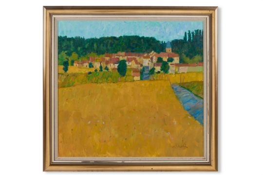 George Devlin | POPPIES IN A CORNFIELD WITH VILLAGE BEYOND | MutualArt