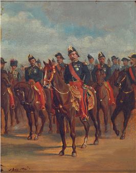 A formal group portrait of mounted officers in ceremonial uniforms against a cloudy sky.