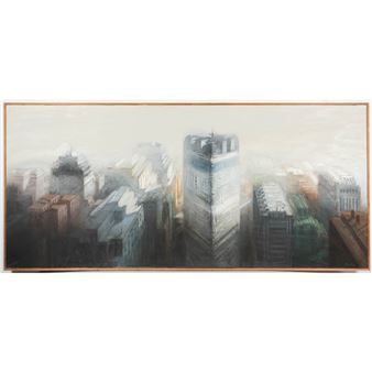 A misty cityscape painting featuring towering skyscrapers in a muted palette.