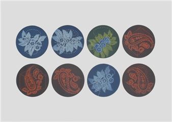 A grid of eight circular designs featuring floral and paisley motifs in muted tones.