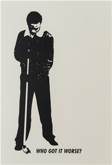A black-and-white print of a masked figure holding a cane, with the text 'Who Got It Worse?' at the bottom.