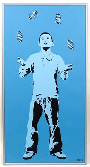 A stylized figure juggling grenades against a solid blue background.