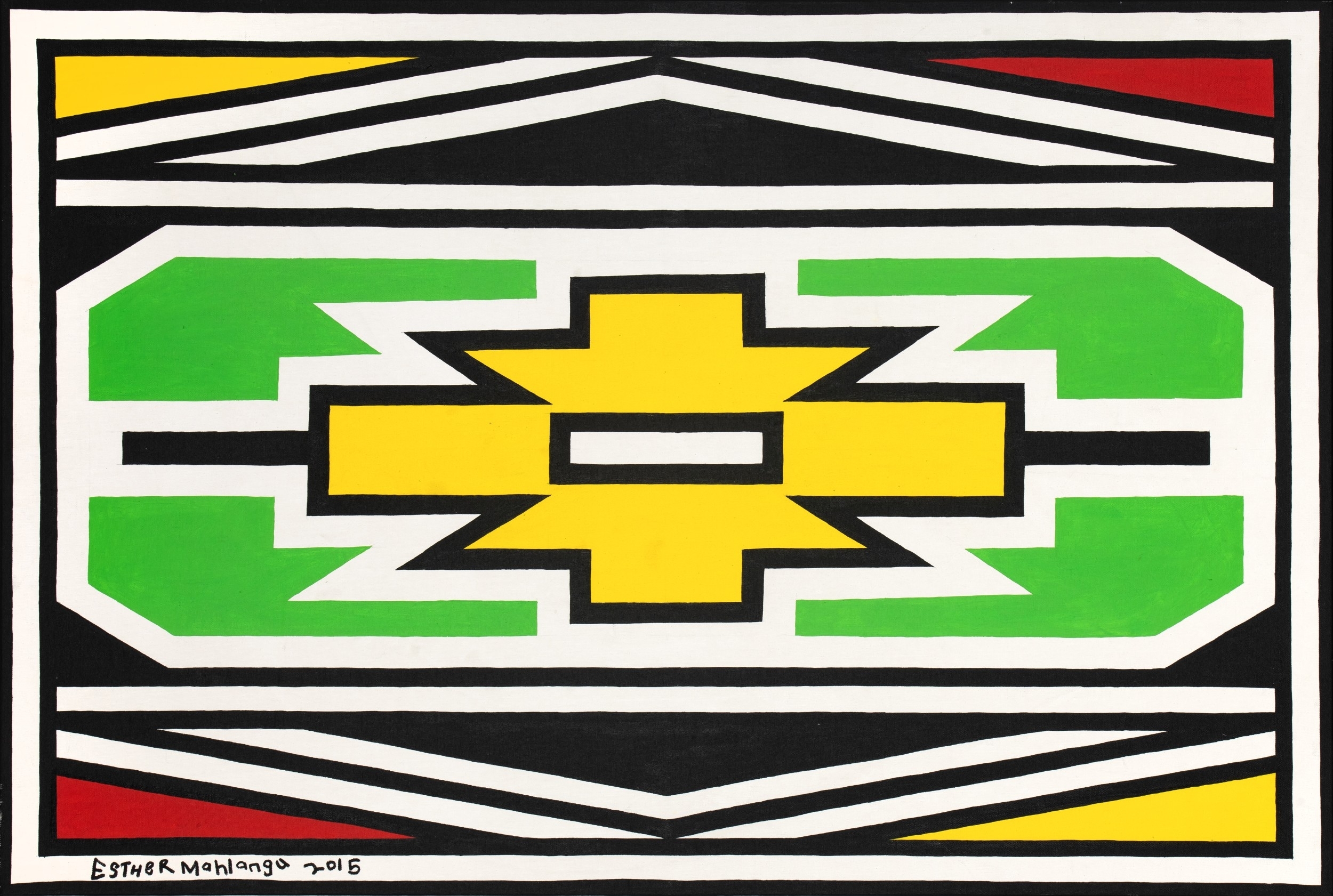 Esther Mahlangu | NDEBELE PATTERN IN YELLOW AND GREEN (2015) | MutualArt