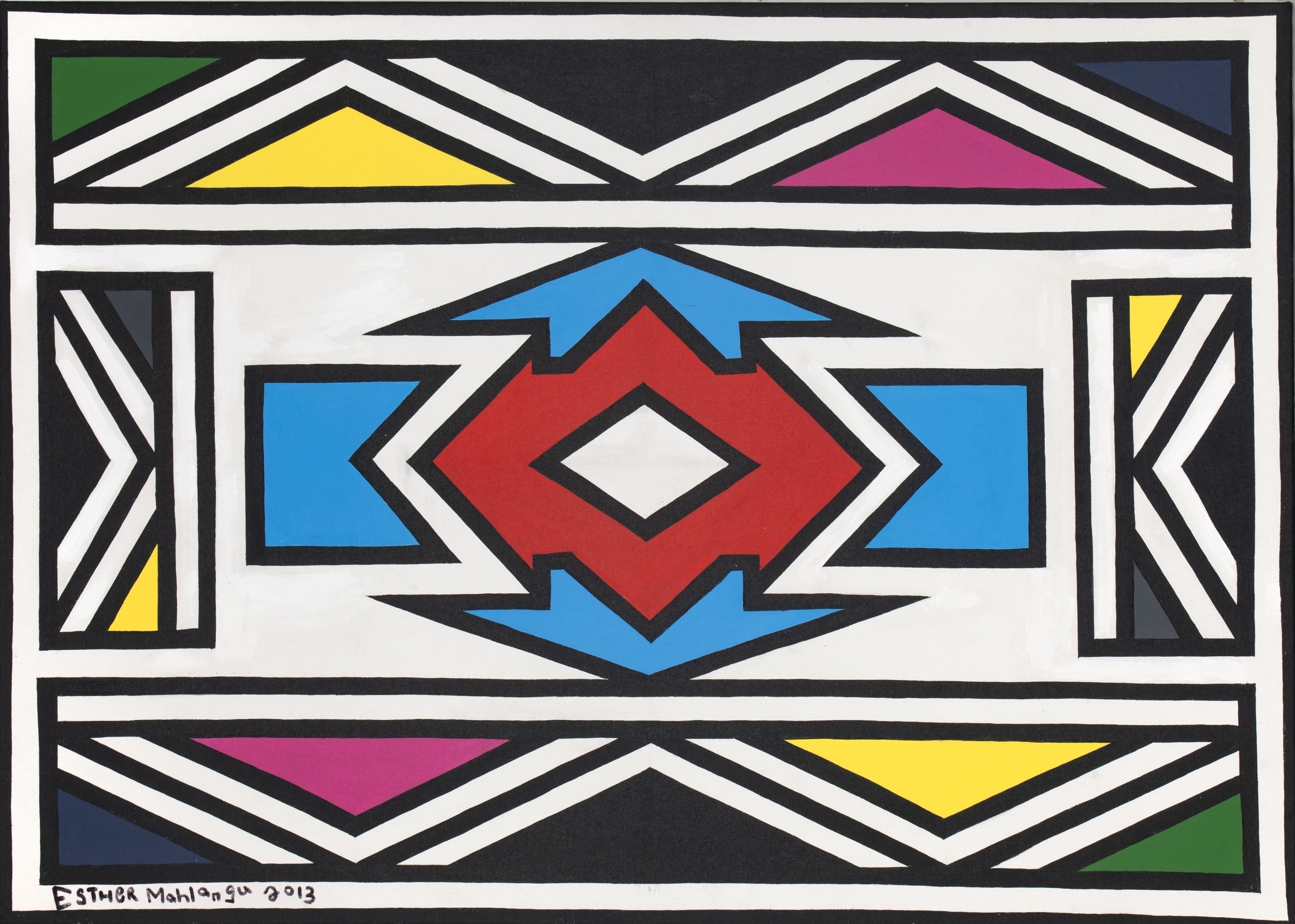 Esther Mahlangu | NDEBELE PATTERN IN BLUE AND RED (2013) | MutualArt