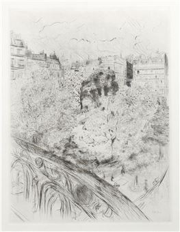 A sketchy urban landscape featuring a park with blooming trees and distant buildings.