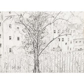 A drawing of a tree in front of a fence.