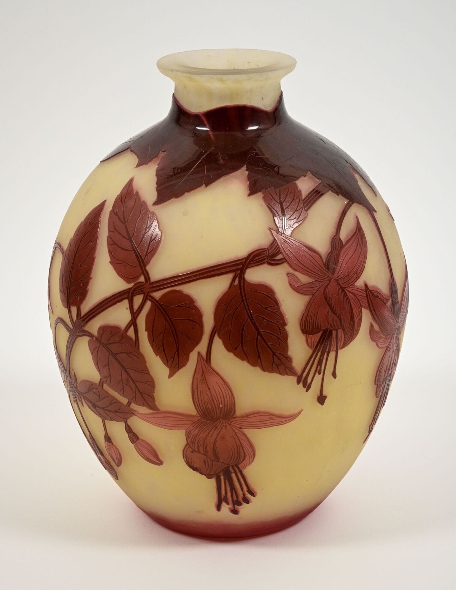 André Delatte | Multi-layered glass vase decorated with violet fuschias ...