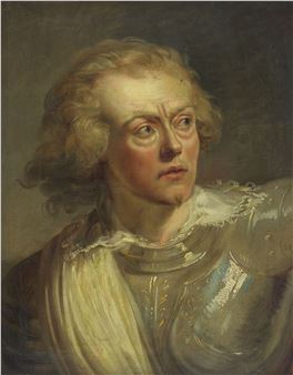 A formal portrait of a figure in armor with an intense, upward gaze.