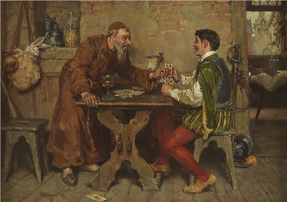 Moine et gentilhomme jouant aux cartes dans une taverne - François Adolphe Grison