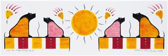 A symmetrical graphic print featuring stylized figures and a central sun against a white background.