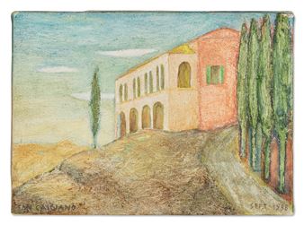 A textured landscape painting featuring a terracotta building on a hillside with tall cypress trees.
