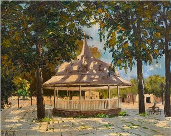 A sun-drenched park scene featuring a gazebo surrounded by tall trees.