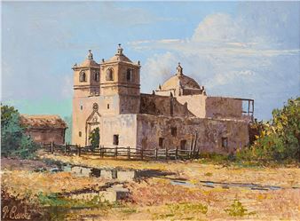 A sun-drenched landscape painting of a historic mission-style building with twin bell towers and a domed roof, rendered in warm earth tones.