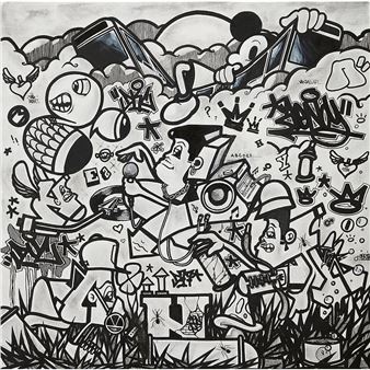 A chaotic black-and-white collage of cartoon figures, graffiti symbols, and abstract shapes in a dense, layered composition.
