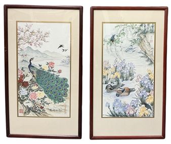 A pair of framed East Asian-style paintings depicting a peacock and ducks in a garden setting.