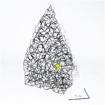 A wireframe sculpture resembling a tree with a single yellow accent.