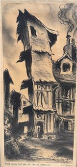 A whimsical woodcut illustration of a crooked, multi-story cottage with a thatched roof and smoke rising from its chimney.