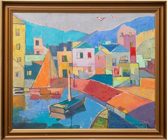 A vibrant, geometric painting of a colorful coastal village with boats and mountains.